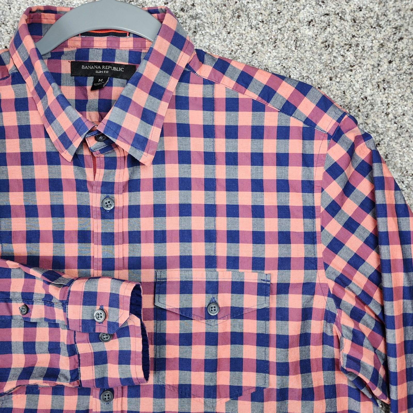 Banana Republic Button Down Shirt Mens Medium Slim Fit Gingham Pink Navy Euc